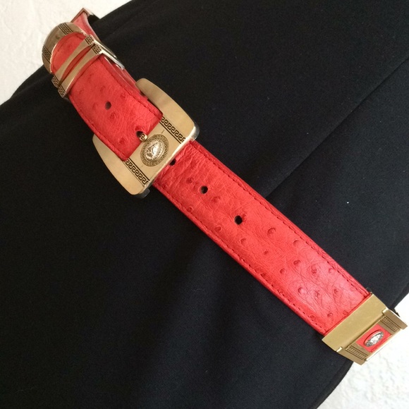 Versace Accessories - Versace lion head segmented ostrich leather belt